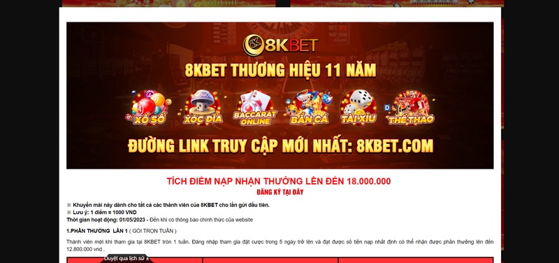 Khuyến mãi 8KBet - Cập nhật sự kiện hấp dẫn cho hội viên 1 Tích Điểm Nạp Lần Đầu Người Chơi Nhận Khuyến Mãi 8Kbet 18 Triệu