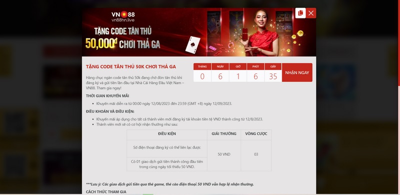 Khuyến mãi VN88 - Chương trình tặng thưởng hấp dẫn cho hội viên 1 Tặng Code 50K Tân Thủ Khi Thực Hiện Đăng Ký Hội Viên Hoàn Tất